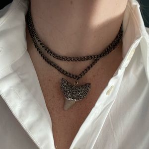 Raw & Rebellious Gunmetal tone double choker with bejeweled genuine shark tooth